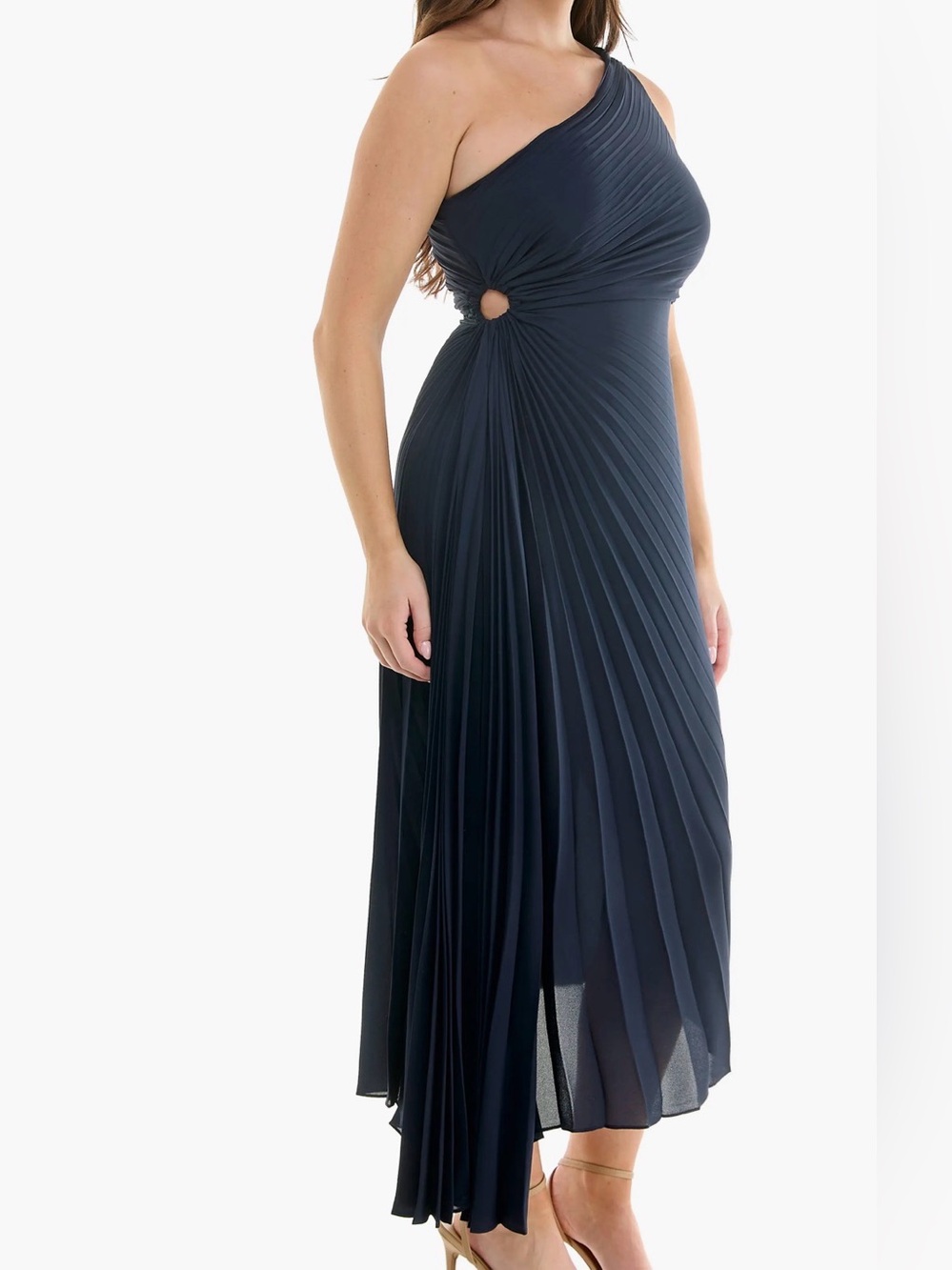 Nicole Miller One-Shoulder Navy Pleated Maxi Dress Sz 14 NWOT